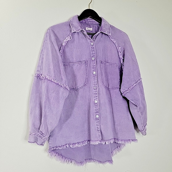 POL Oversized Fringe Denim Jacket Purple Balloon Sleeve Distressed Shacket M Fit - Picture 2 of 7